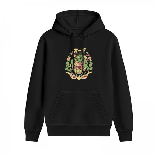 Black Hoodie with Vegetable Soup Themed Graphic Print