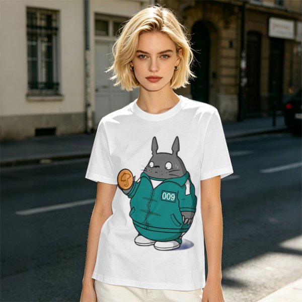 Totoro in Squid Game tracksuit holding umbrella honeycomb cookie t-shirt