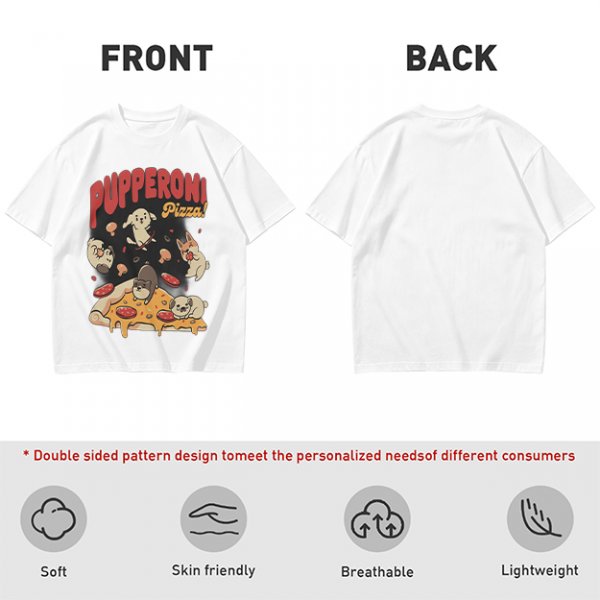 Olive green graphic t-shirt with playful pupperoni pizza dog design
