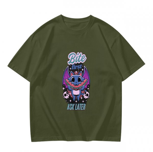 Olive graphic t-shirt with bat cat holding watermelon and 'Bite First Ask Later' text
