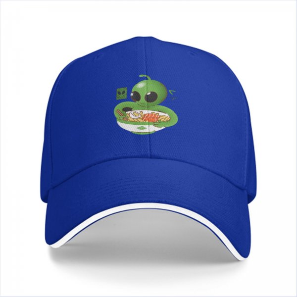 Black Baseball Cap with Cute Alien Eating Ramen Graphic