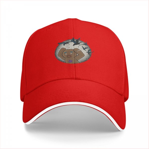 Black baseball cap with distressed crying gingerbread man and crows graphic