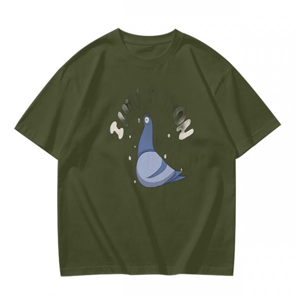 Olive green graphic t-shirt with cartoon pigeon print