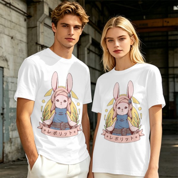 Olive T-shirt with Cute Rabbit Character and Japanese Text Print
