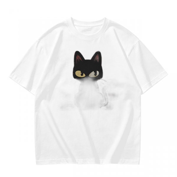 Olive Green T-Shirt With Black Cat Head Graphic Print