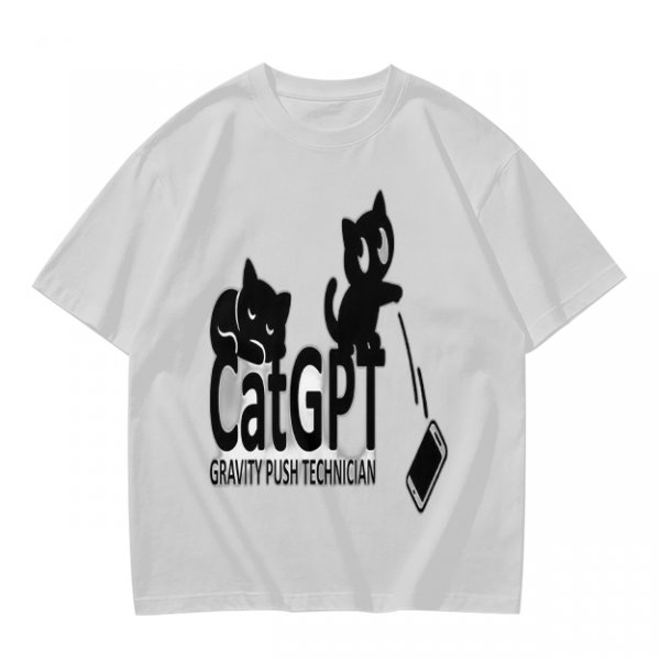 Olive green graphic t-shirt with CatGPT and mischievous cat prints