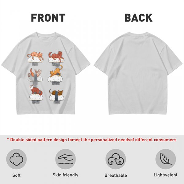 Olive green t-shirt with sushi cat illustrations