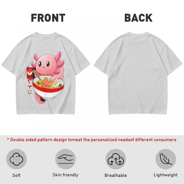 Olive T-Shirt Featuring a Cute Pink Axolotl Eating Ramen