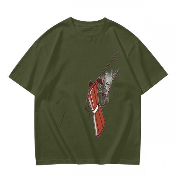 Oversized Olive T-Shirt With Mechanical Hand Holding Gun Graphic