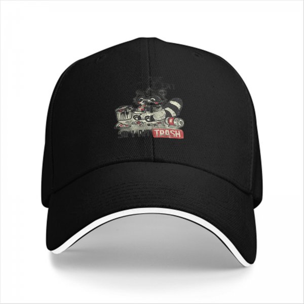 Black Baseball Cap With Raccoon Trash Graphic And Text