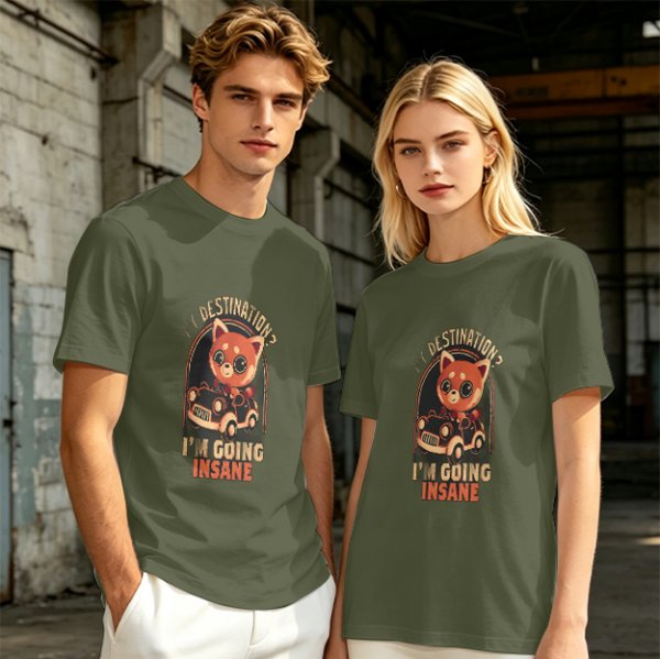 Olive T-Shirt With Red Panda Driving Car 'Destination? I'm Going Insane' Print