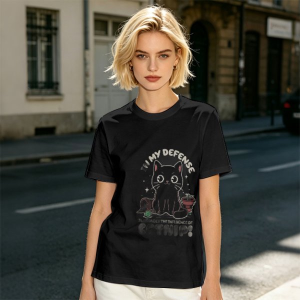 Olive t-shirt with black cat 'In My Defense I Was Under Catnip' print
