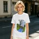 Olive T-shirt with Cartoon Boys Balancing on Log Over Stream