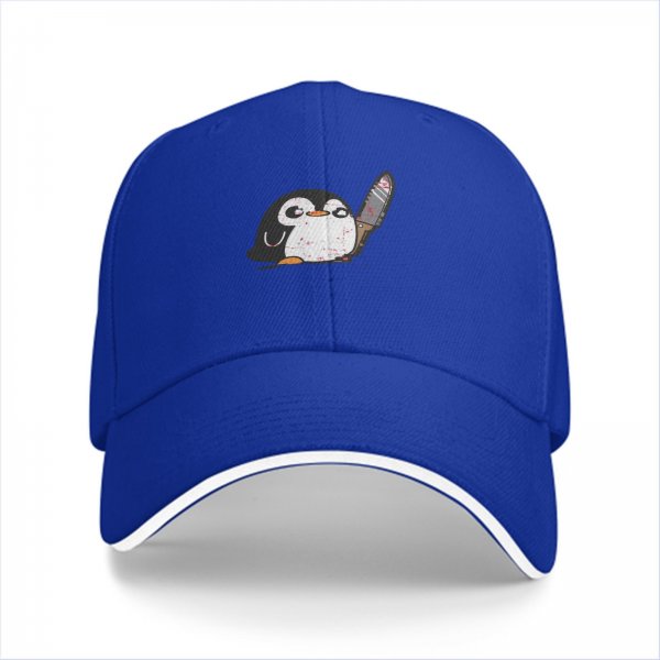 Black baseball cap with a cute penguin holding a bloodied knife print