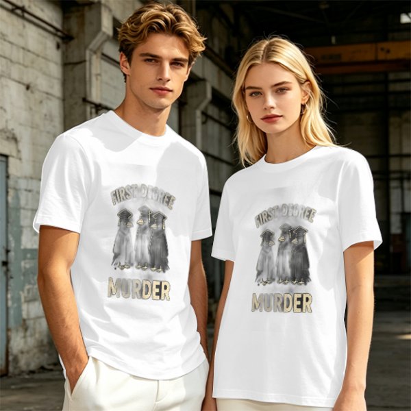 Olive t-shirt with first degree murder crow graduates graphic