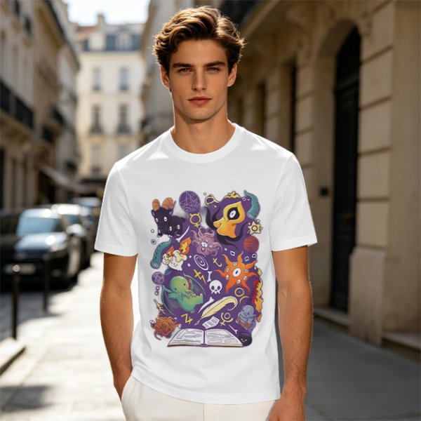 Olive T-Shirt With Cute Occult Monster And Spell Book Print
