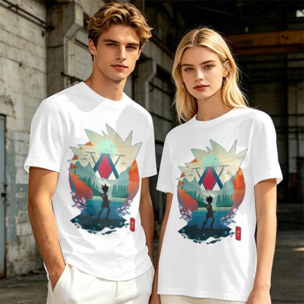 Hunter x Hunter Anime Graphic Tee with Sunset Landscape Art
