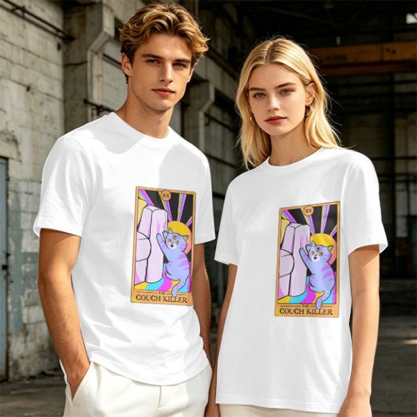 Olive green t-shirt with three-eyed cat couch killer tarot-style graphic