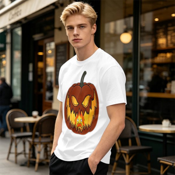 Olive Green T-Shirt With Scary Jack O' Lantern Pumpkin Print