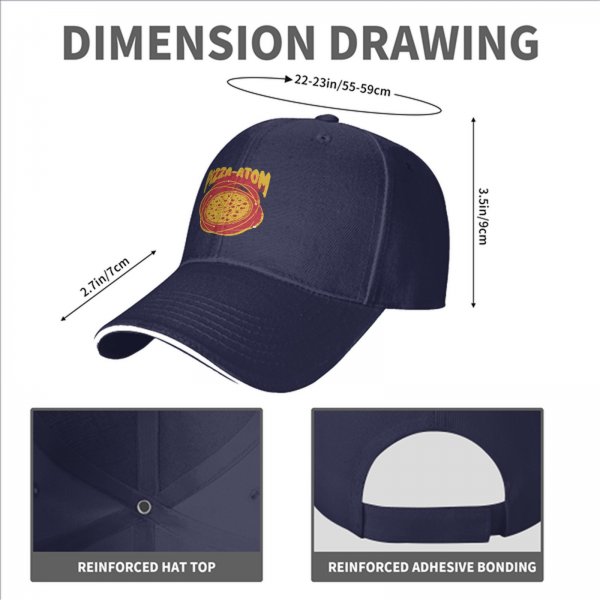 Black baseball cap with pizza atom graphic and text