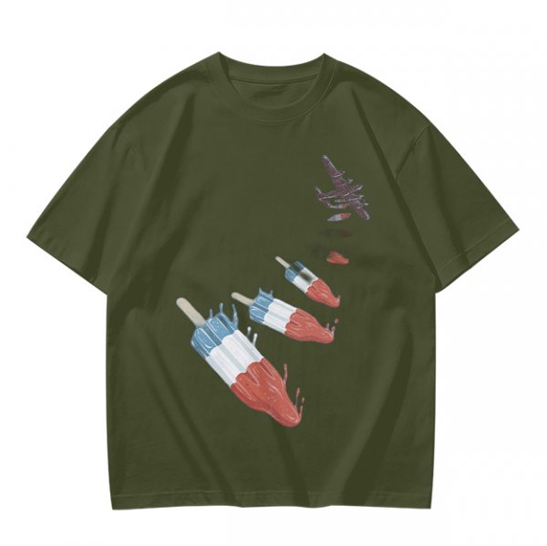 Olive T-Shirt With Melting Red White Blue Popsicle Print