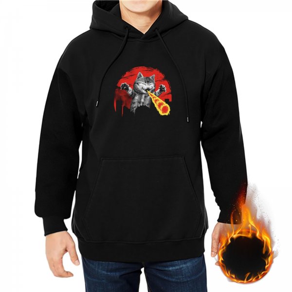 Black Hoodie With Funny Cat Breathing Fire Graphic Print