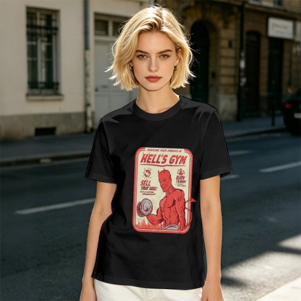 Olive T-shirt with Hell's Gym Devil Lifting Dumbbell Graphic
