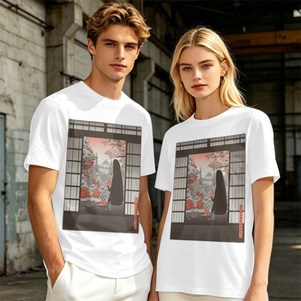 Olive T-Shirt with Japanese Shinto-inspired Window Landscape Print