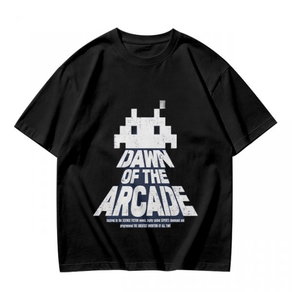 Olive T-Shirt with Retro Arcade Space Invader Graphic and Dawn of the Arcade Text