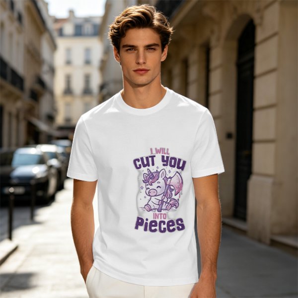 Olive t-shirt with a cute unicorn holding an axe and the text I will cut you into pieces