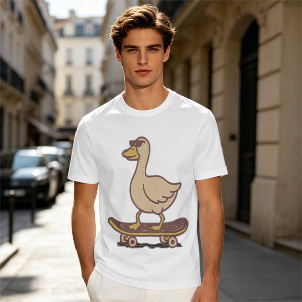 Olive T-Shirt Featuring a Cool Duck Wearing Sunglasses Riding a Skateboard