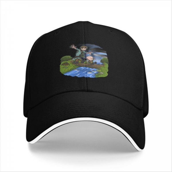 Black Baseball Cap With Cartoon Boys Crossing Stream Artwork