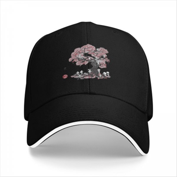 Black baseball cap with cherry blossom tree and skulls graphic