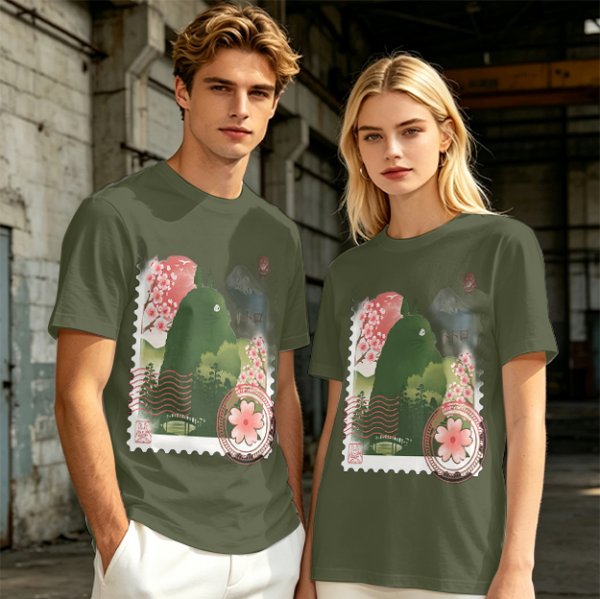 Olive T-Shirt with Totoro Cherry Blossom Stamp Art Print