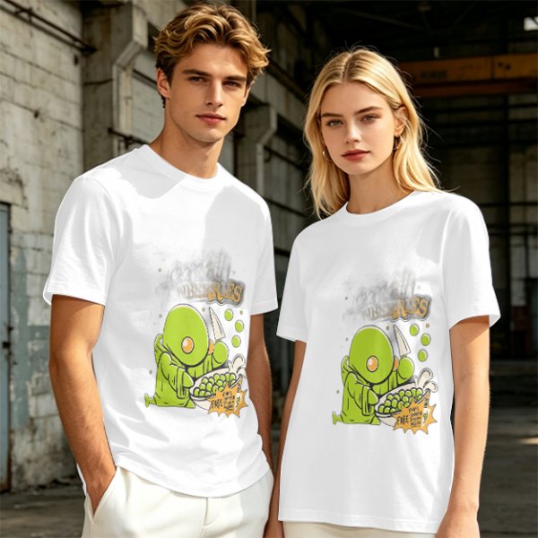 Olive Green T-Shirt With Cute Green Creature Preparing Peas Graphic