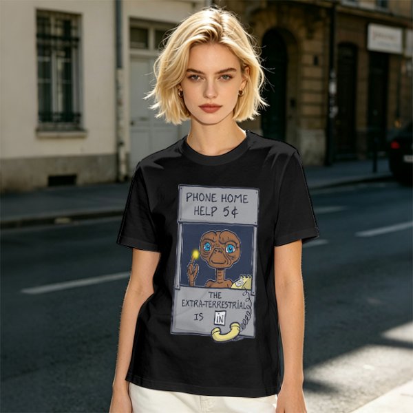 Olive green t-shirt with E.T. phone home graphic print