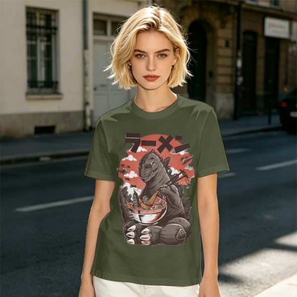 Olive T-shirt with Godzilla eating ramen graphic