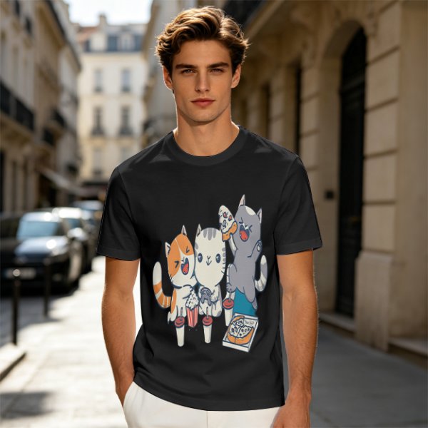Olive T-Shirt With Cute Cats Enjoying Pizza And Snacks Print