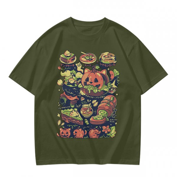 Olive T-Shirt With Halloween Themed Food And Pumpkin Cat Print