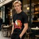 Olive green t-shirt with a sleeping orange cat on a red armchair print