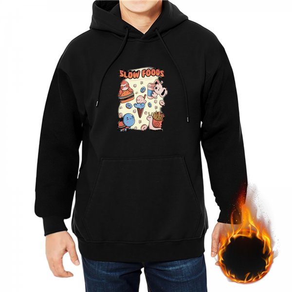 Black hoodie with 'Slow Foods' cute fast food animal graphic
