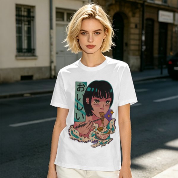 Olive anime graphic t-shirt with girl eating ramen and Japanese text