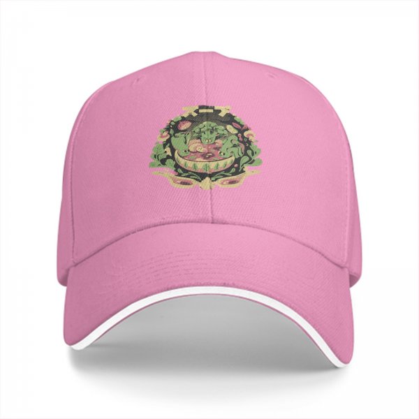 Black baseball cap with vegetable soup themed graphic print