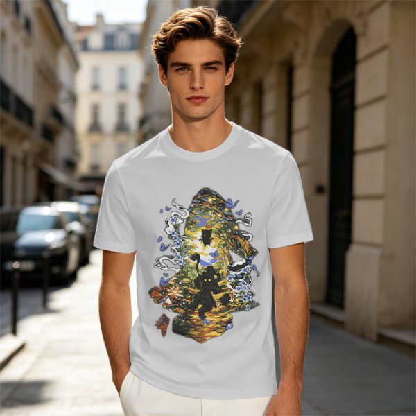 Olive Green T-Shirt With Mystical Cat Silhouette Graphic Print