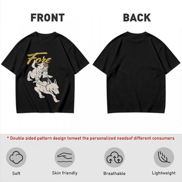 Olive graphic t-shirt with wolf rider and 'Fore' text print