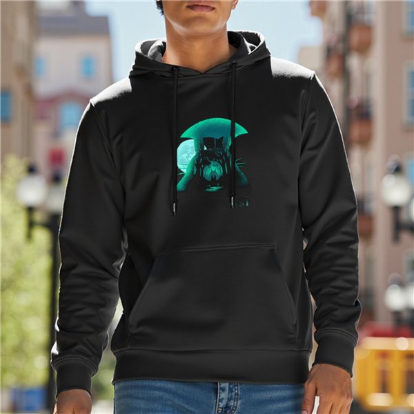 Black hoodie with glowing cat and umbrella graphic design