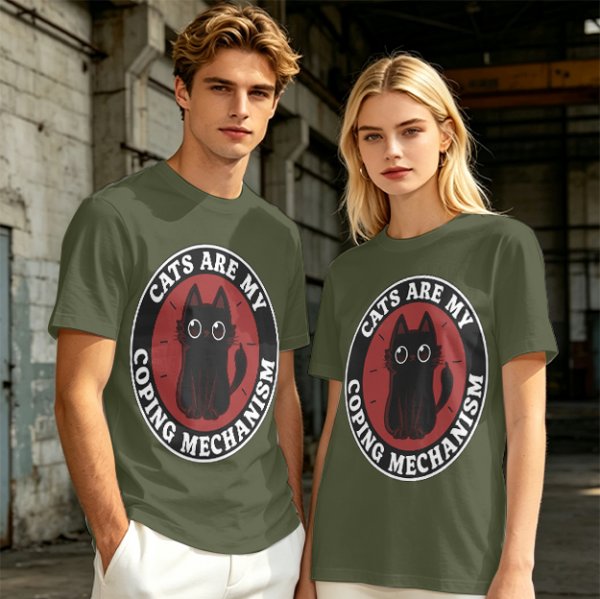 Olive t-shirt with 'Cats Are My Coping Mechanism' and black cat graphic