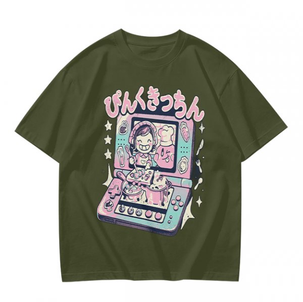 Olive green graphic t-shirt with cute handheld game kitchen art