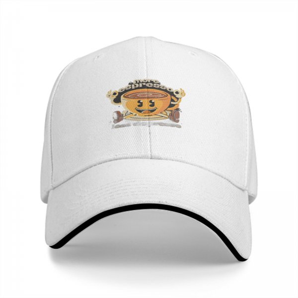 Black baseball cap with retro espresso coffee cup graphic