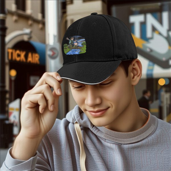 Black Baseball Cap With Cartoon Boys Crossing Stream Artwork